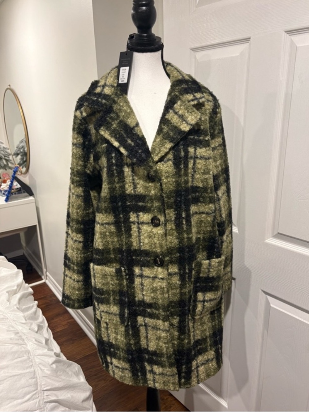 NWT Papa Vancouver Green Plaid Bouclé Long Coat Plus Size XXL